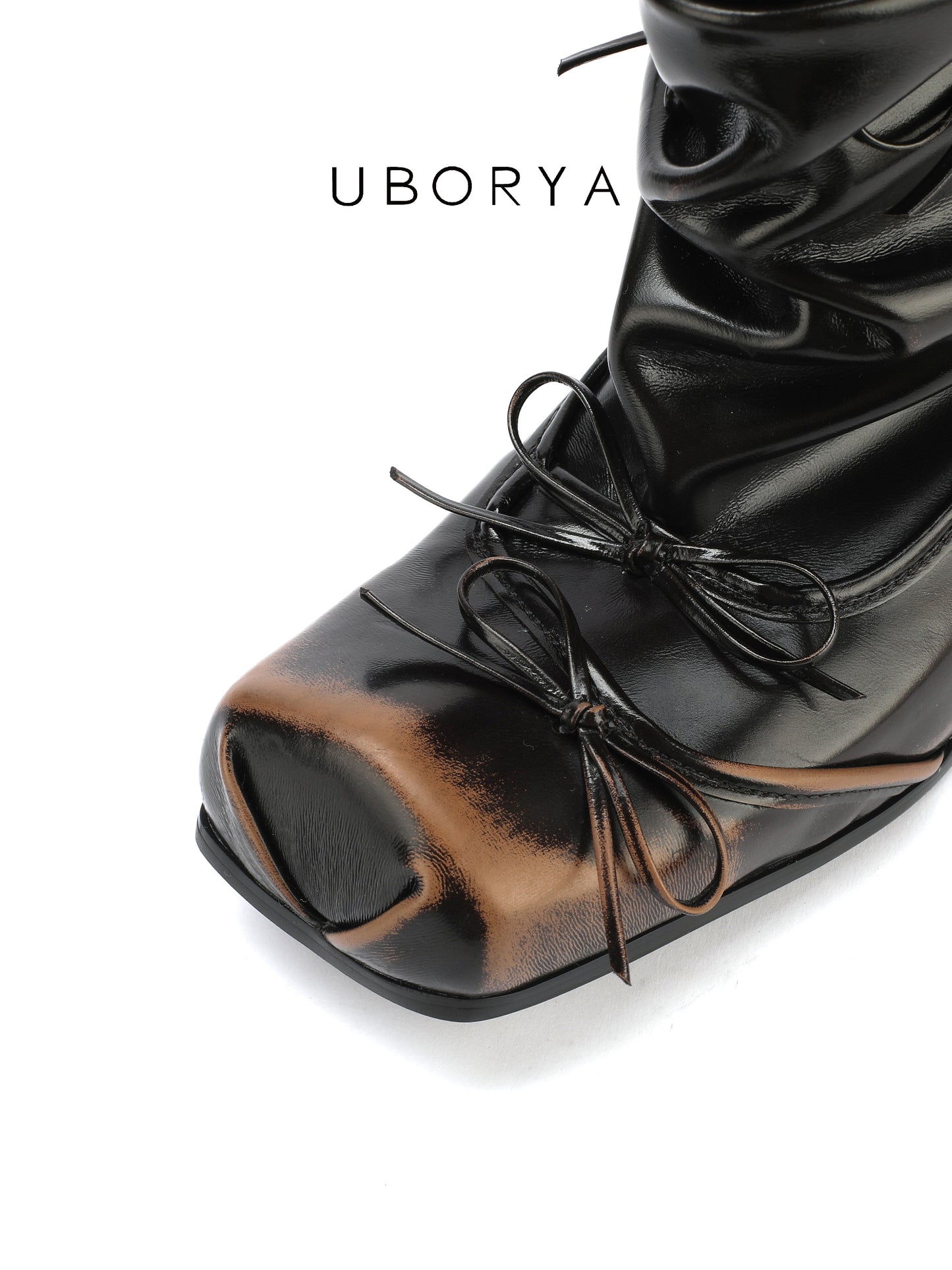 UBORYA Black Slouchy Ankle Boots with Bows – Distressed Square Toe Heeled Boots for Women | Ruched Shaft | Mini Bow Accents | Grunge Avant-Garde Booties