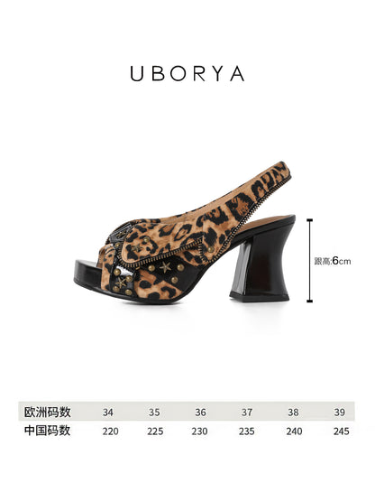 UBORYA Leopard Print Platform Slingback Heels - Peep Toe Star Stud Zipper Detail Sculptural Heel Sandals