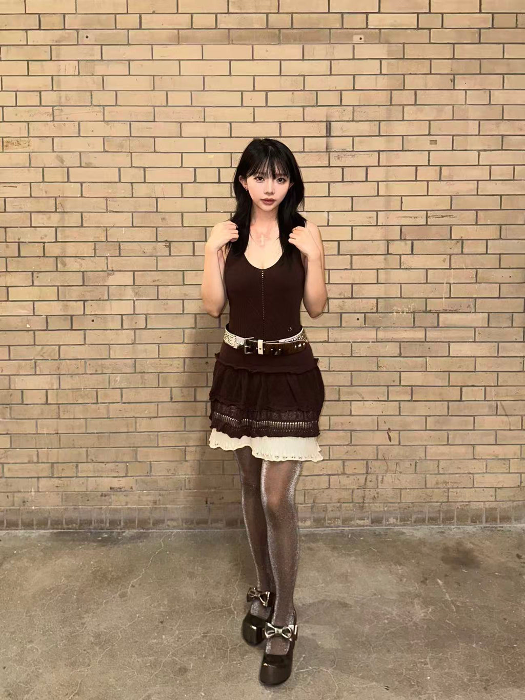 UBORYA Metallic Taupe Dark Academia Mary Jane Platform Heels, Oversized Bow & Buckle Square Toe