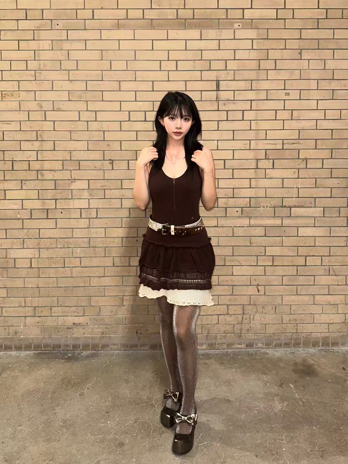 UBORYA Metallic Taupe Dark Academia Mary Jane Platform Heels, Oversized Bow & Buckle Square Toe