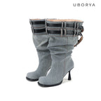 UBORYA Denim Slouchy Knee-High Boots with Black Buckle Straps