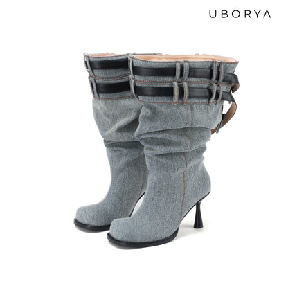 UBORYA Denim Slouchy Knee-High Boots with Black Buckle Straps – Sculptural Kitten Heel Boots for Women | Distressed Jean Booties | Avant-Garde Denim Punk Footwear