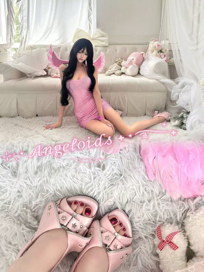 UBORYA Pink Metallic Platform Slingback Heels - Peep Toe Star Stud Zipper Detail Sculptural Heel Sandals