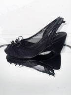 UBORYA Black Lace Slingback Peep-Toe Wedge Sandals with Bow Details