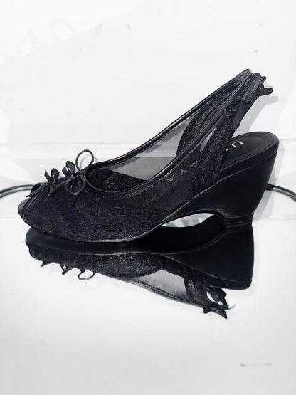 UBORYA Black Lace Slingback Peep-Toe Shoes with Bow Details – Low Wedge Heel Pumps for Women | Gothic Coquette Heels | Elegant Mesh Open-Toe Sandals