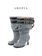 UBORYA Denim Slouchy Knee-High Boots with Black Buckle Straps