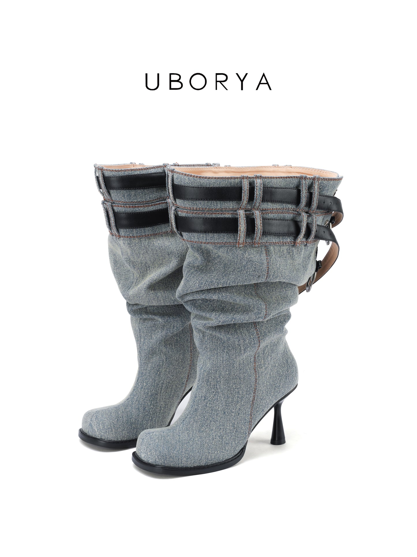 UBORYA Denim Slouchy Knee-High Boots with Black Buckle Straps – Sculptural Kitten Heel Boots for Women | Distressed Jean Booties | Avant-Garde Denim Punk Footwear
