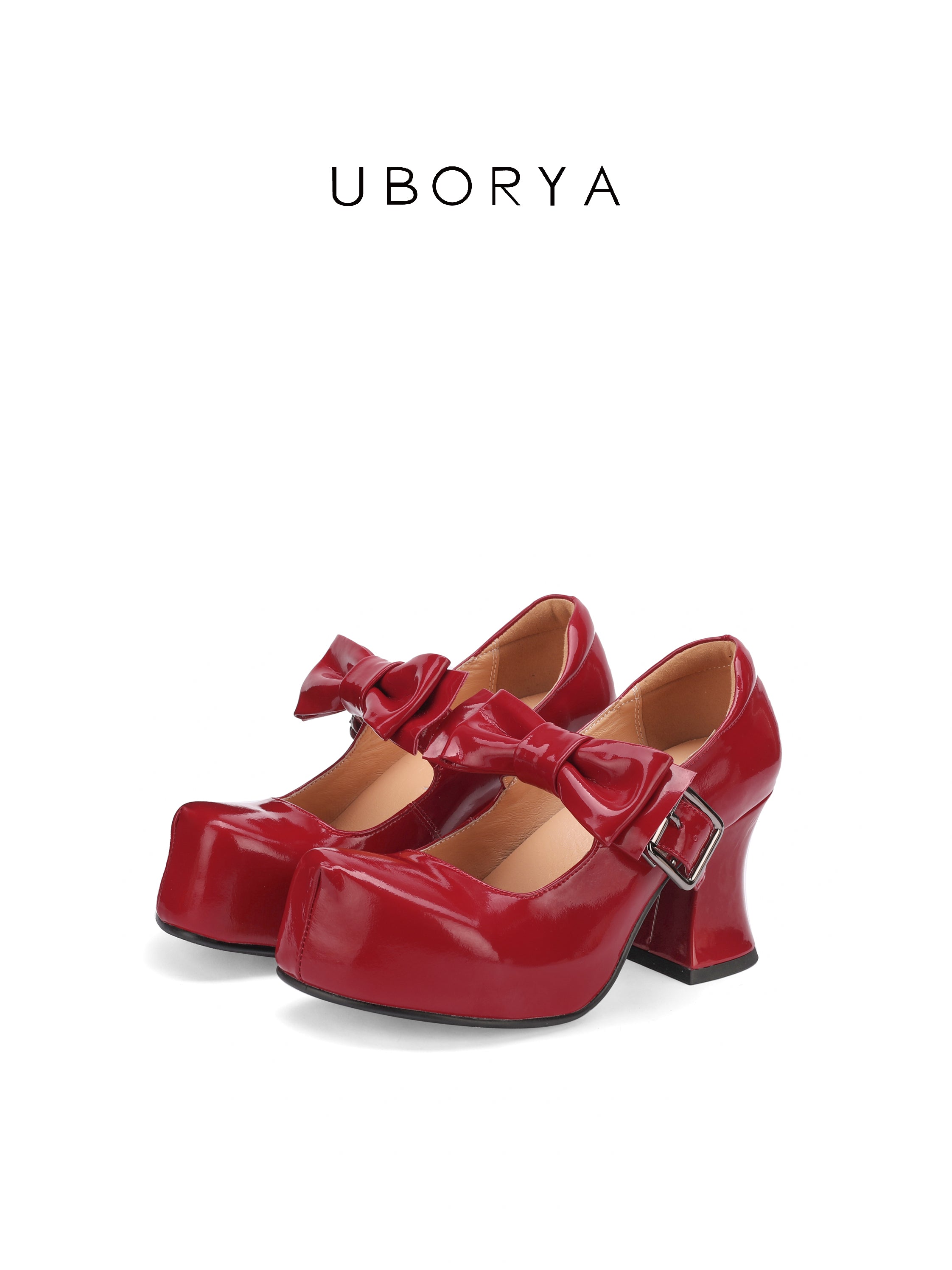 UBORYA Red Patent Leather Mary Jane Platform Heels, Sweet & Bold Oversized Bow & Buckle Round Toe