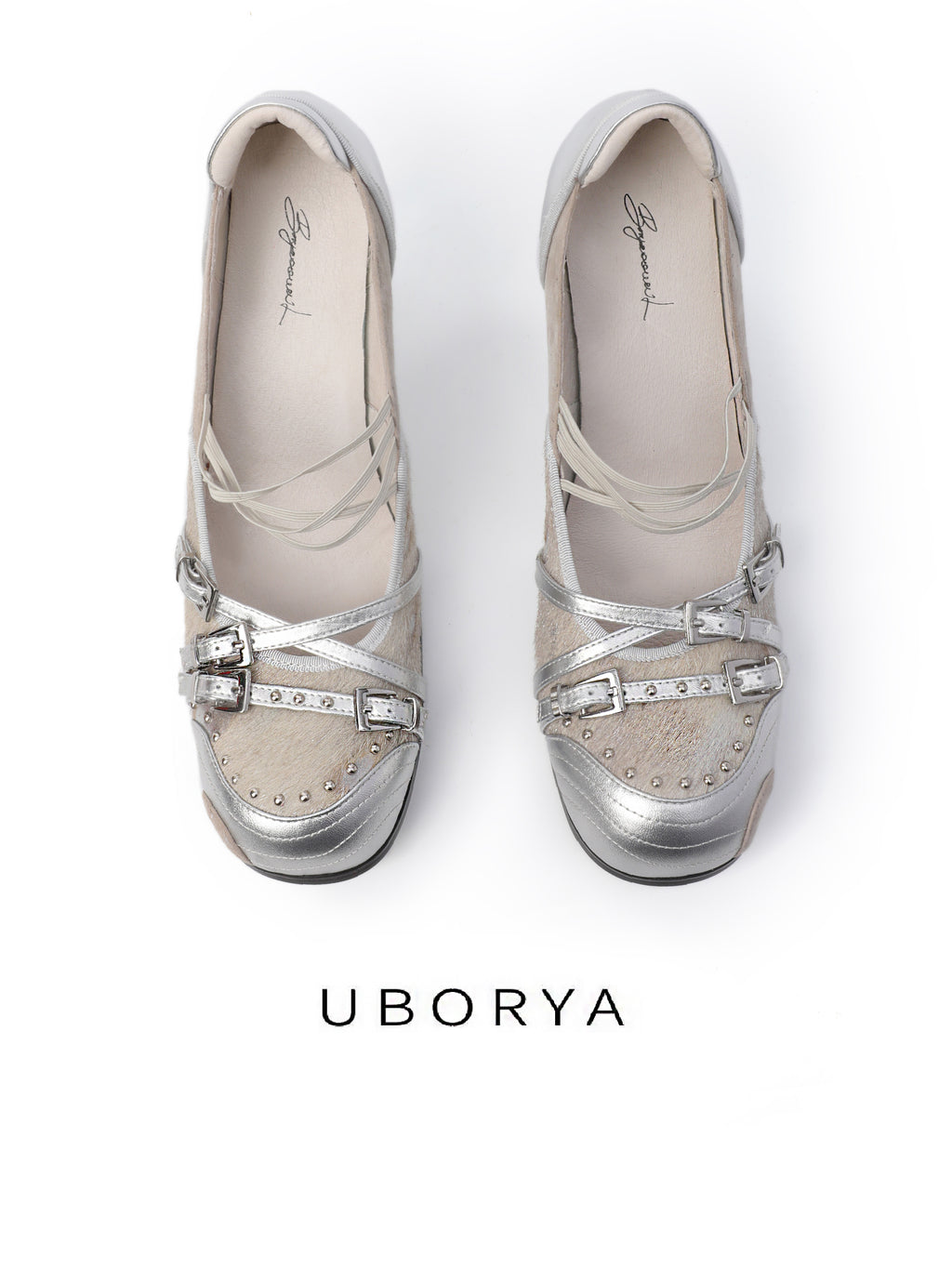 UBORYA Silver Mixed‑Media Futuristic Strappy Heels 8cm Stiletto