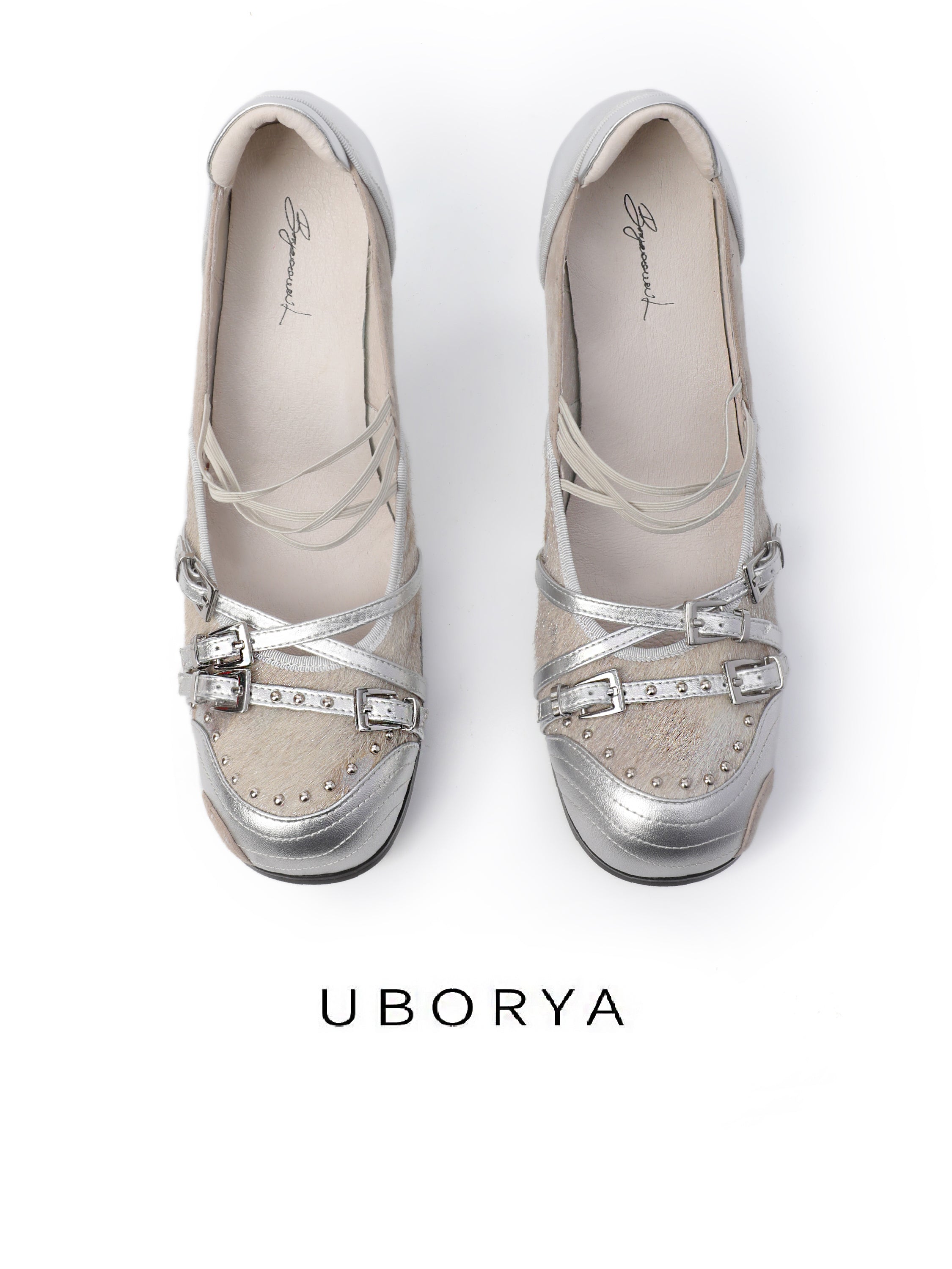 UBORYA Silver Mixed‑Media Futuristic Strappy Heels 8cm Stiletto