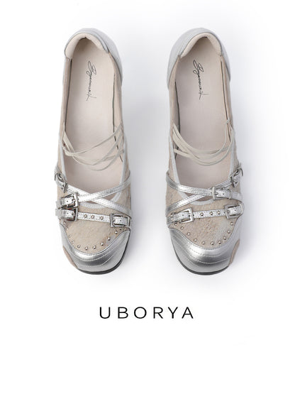 UBORYA Silver Mixed-Media Strappy Heels – Futuristic Balletcore Pumps for Women | 8cm / 3.1in Stiletto | Metallic Leather & Suede | Edgy Chic Evening Shoes