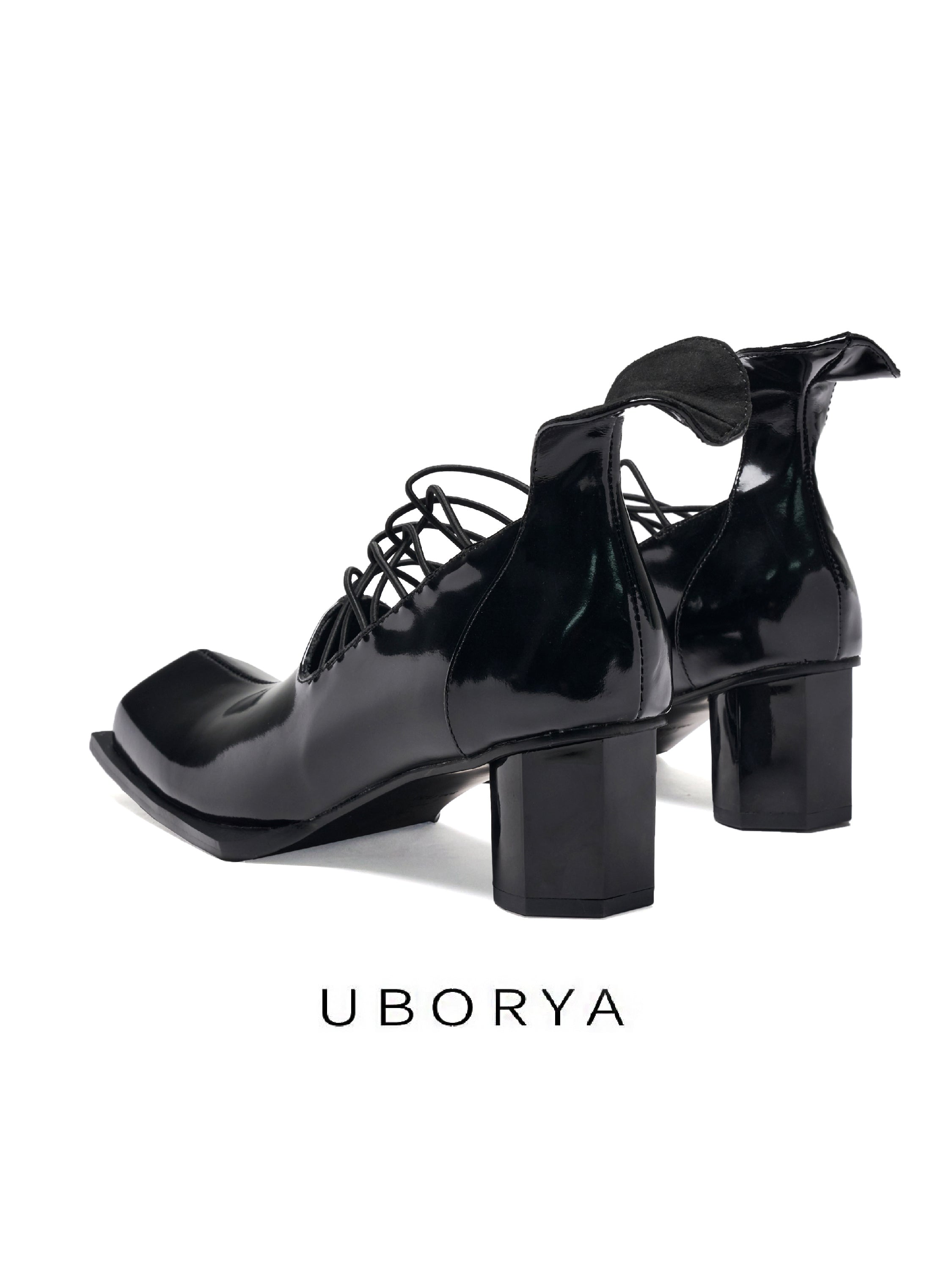 UBORYA Black Patent Leather Lace Up Pumps Angular Square Toe Block Heel Shoes