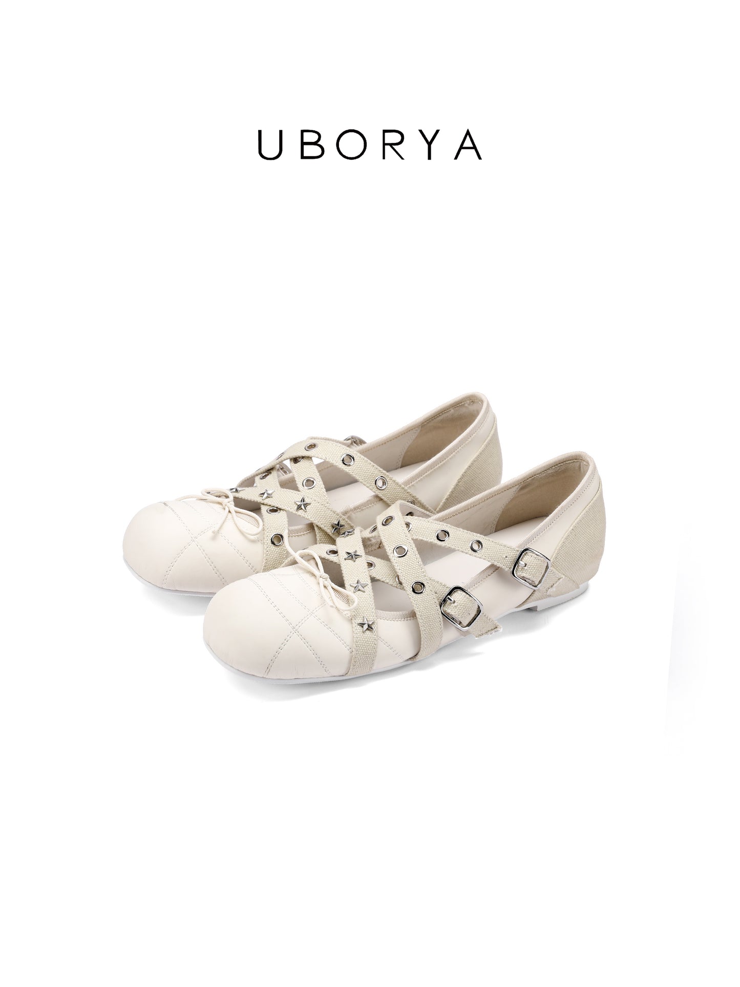 UBORYA Off-White Crisscross Strap Ballet Flats - Star Stud Eyelet Detail Round Toe Flat Shoes
