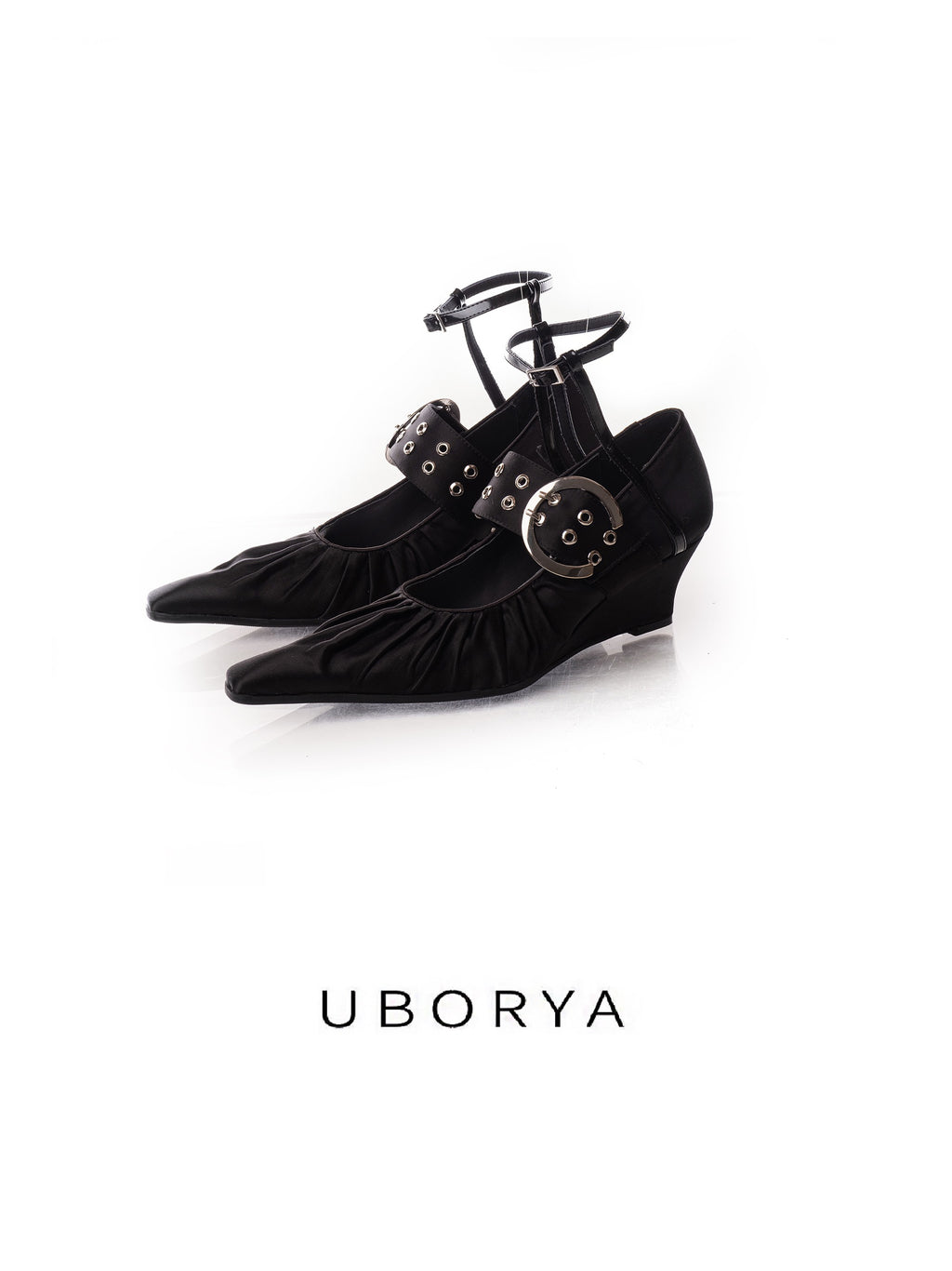 UBORYA Black Gothic Mary Jane Wedges Ruched Toe Buckle Ankle Strap 5cm Heel