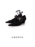 UBORYA Black Gothic Mary Jane Wedges Ruched Toe Buckle Ankle Strap 5cm Heel