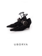 UBORYA Black Gothic Mary Jane Wedges Ruched Toe Buckle Ankle Strap 5cm Heel