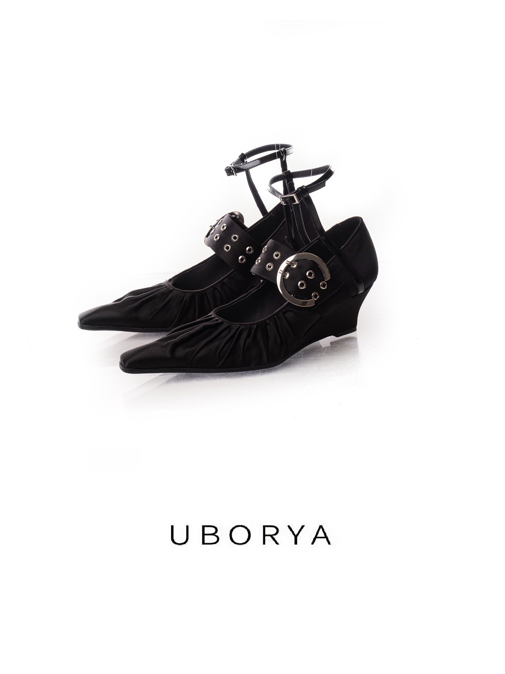 UBORYA Black Gothic Mary Jane Wedges Ruched Toe Buckle Ankle Strap 5cm Heel