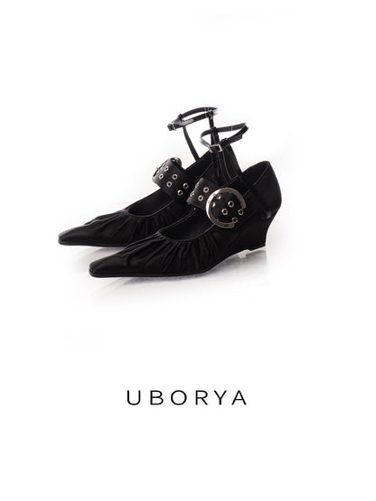 UBORYA Black Gothic Mary Jane Wedges for Women | Ruched Toe Buckle Ankle Strap Pumps | 5cm Wedge Heel | Elegant Vintage Alternative Style