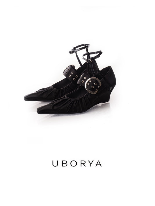 UBORYA Black Gothic Mary Jane Wedges for Women | Ruched Toe Buckle Ankle Strap Pumps | 5cm Wedge Heel | Elegant Vintage Alternative Style