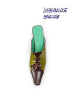 UBORYA Olive Green Brown Colorblock Leather Mules Bow Detail Square Toe Heel Slides