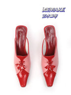 UBORYA Pink Red Two Tone Patent Leather Mules Bow Detail Pointed Toe Sculptural Heel