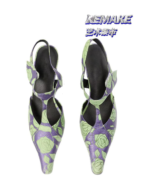 Purple Green Rose Print Leather T-Strap Slingbacks - Pointed Toe Kitten Heel Sandals