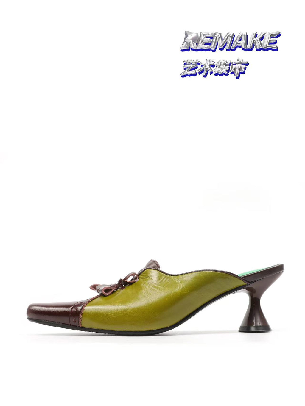 UBORYA Olive Green Brown Colorblock Leather Mules Bow Detail Square Toe Heel Slides