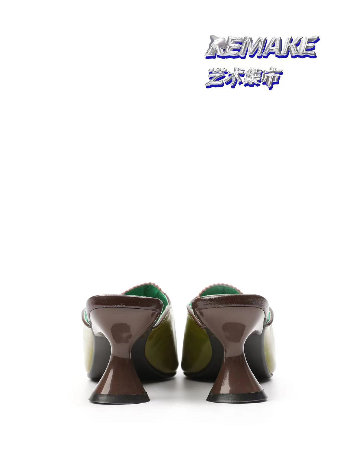 UBORYA Olive Green Brown Colorblock Leather Mules Bow Detail Square Toe Heel Slides