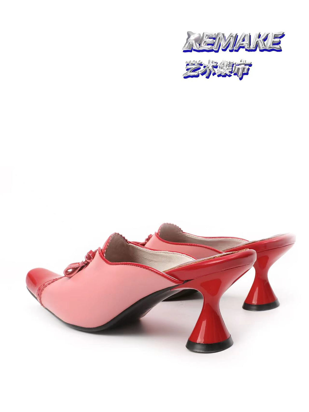 UBORYA Pink Red Two Tone Patent Leather Mules Bow Detail Pointed Toe Sculptural Heel