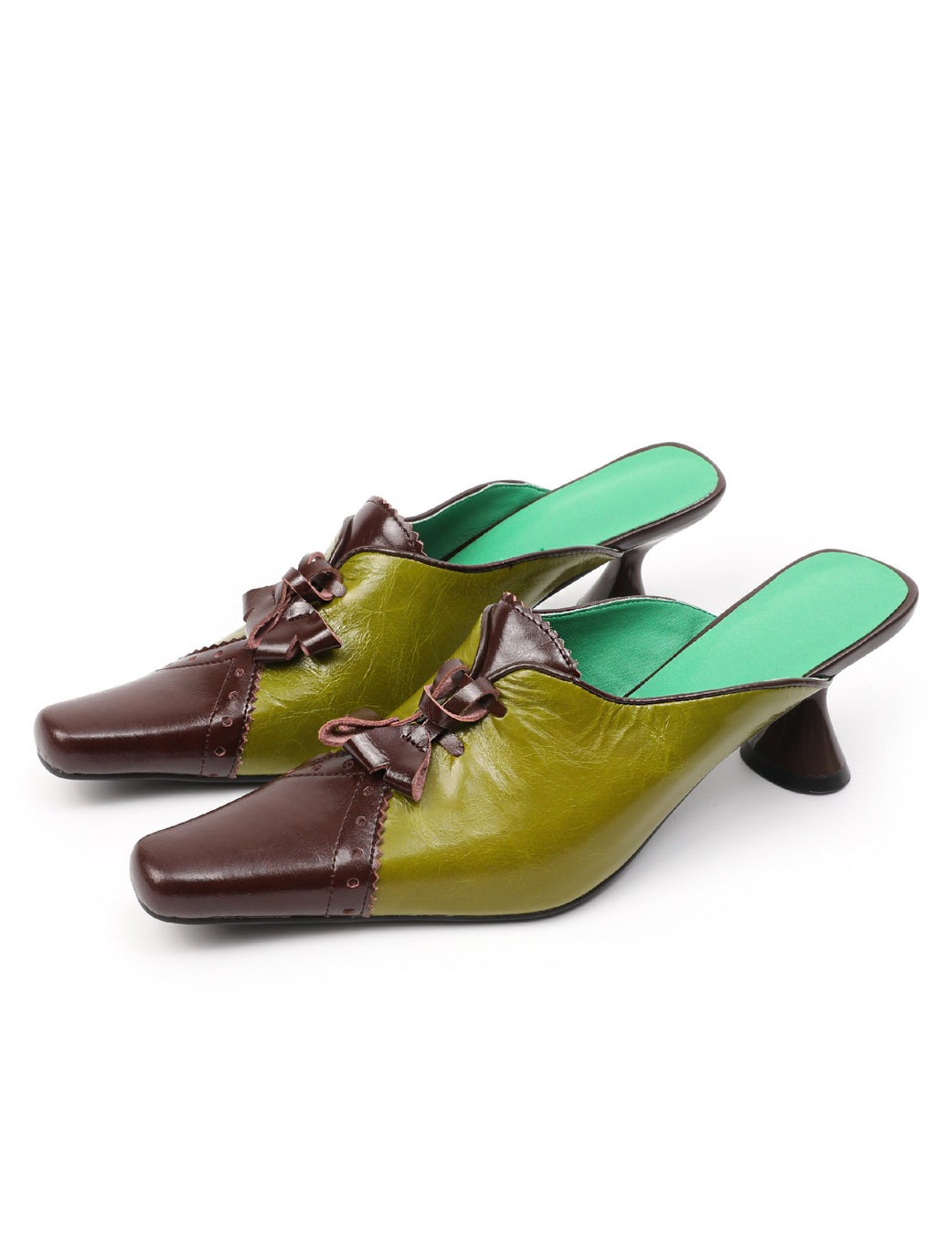 UBORYA Olive Green Brown Colorblock Leather Mules Bow Detail Square Toe Heel Slides