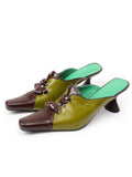 UBORYA Olive Green Brown Colorblock Leather Mules Bow Detail Square Toe Heel Slides