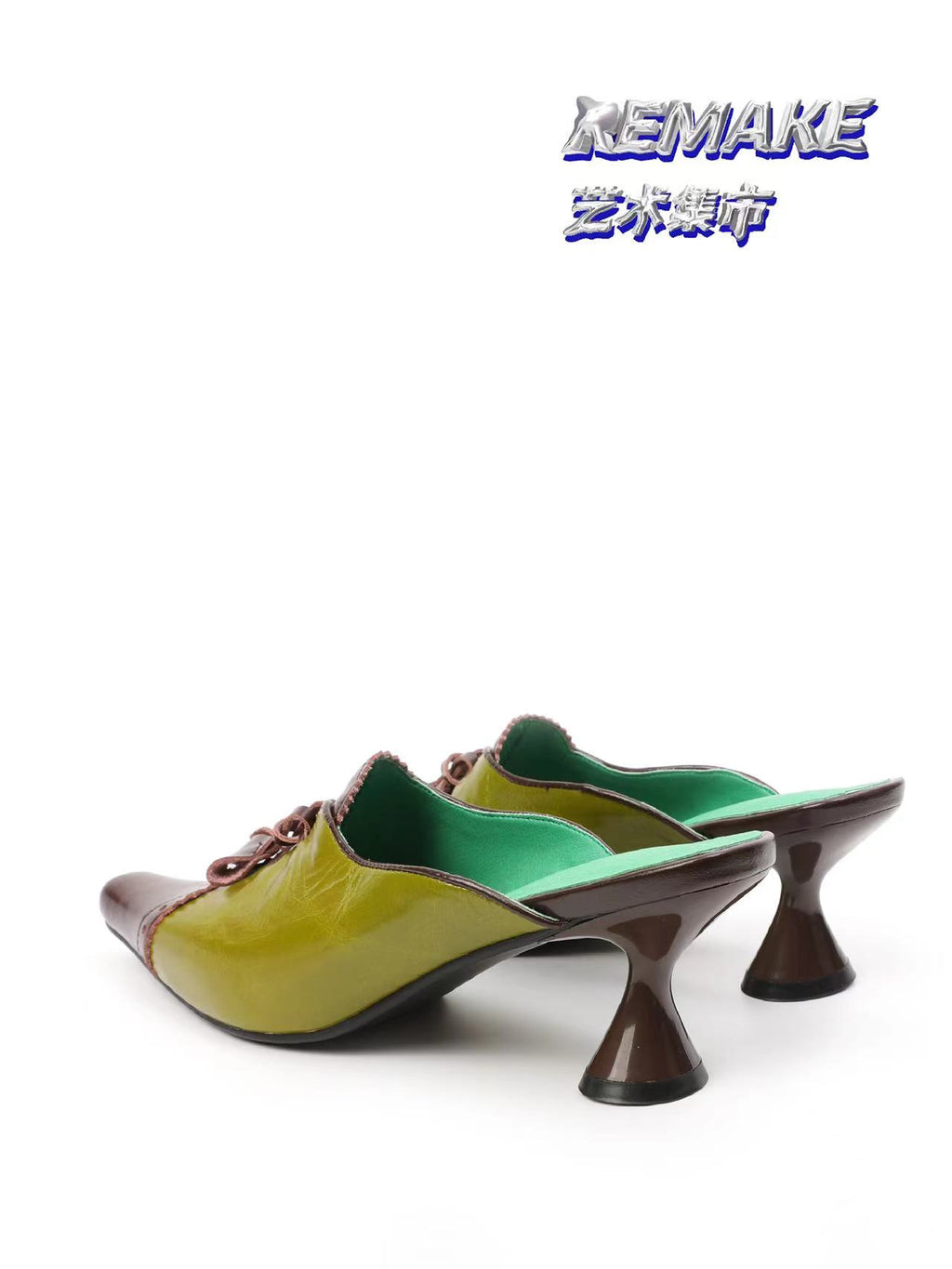 UBORYA Olive Green Brown Colorblock Leather Mules Bow Detail Square Toe Heel Slides