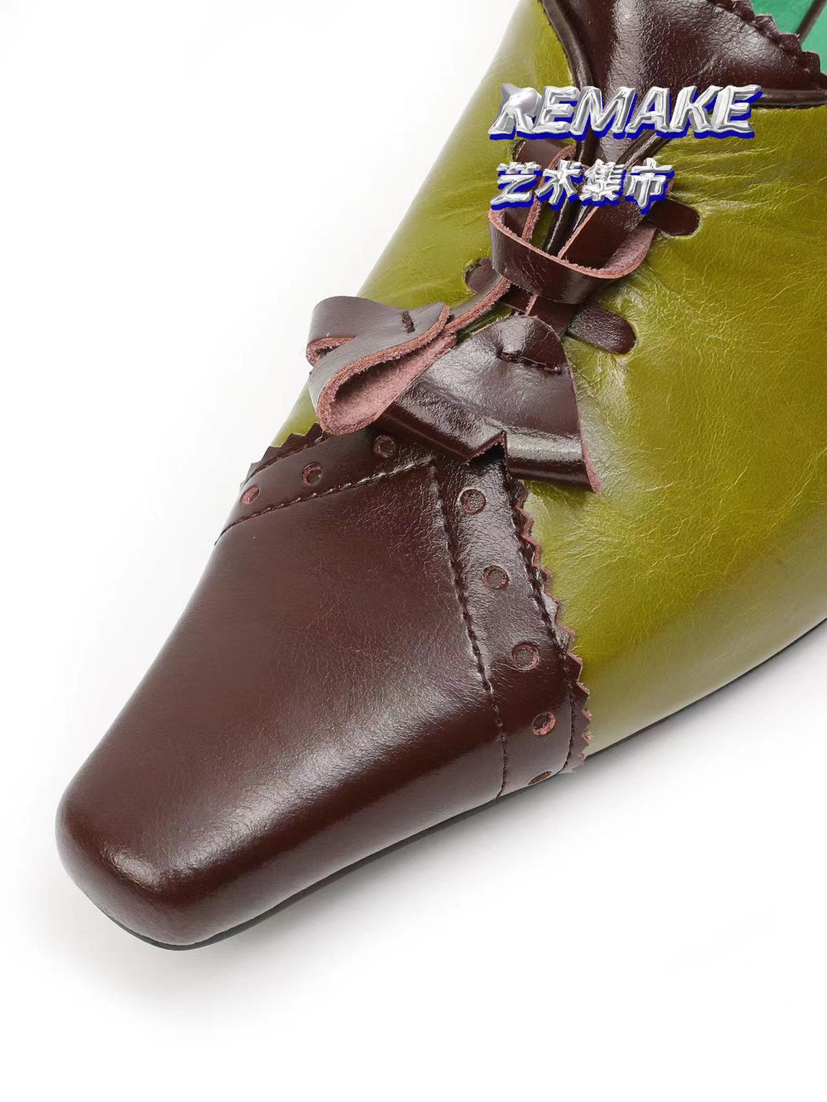 UBORYA Olive Green Brown Colorblock Leather Mules Bow Detail Square Toe Heel Slides
