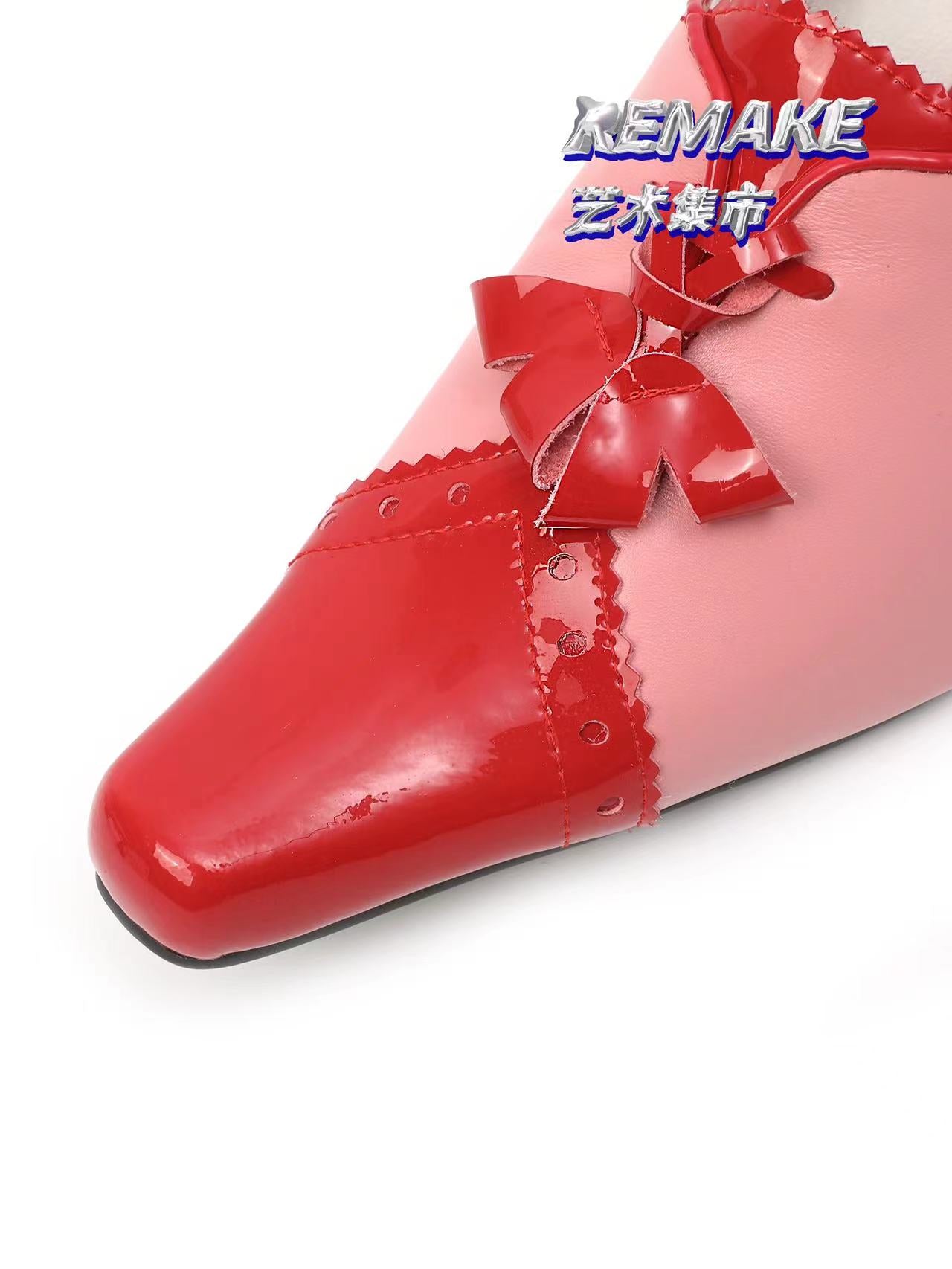 UBORYA Pink Red Two Tone Patent Leather Mules Bow Detail Pointed Toe Sculptural Heel
