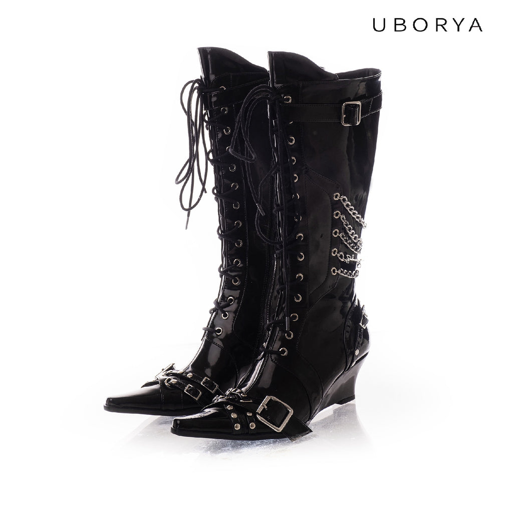 UBORYA Black Patent Leather Knee High Wedge Boots Lace Up Chain Buckle Punk Boots