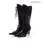 UBORYA Black Patent Leather Knee High Wedge Boots Lace Up Chain Buckle Punk Boots