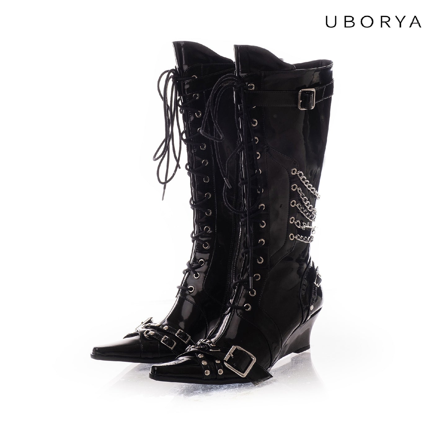 UBORYA Black Patent Leather Knee-High Wedge Boots - Lace-Up Chain Buckle Punk Gothic Tall Boots