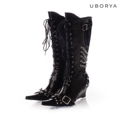 UBORYA Black Patent Leather Knee-High Wedge Boots - Lace-Up Chain Buckle Punk Gothic Tall Boots