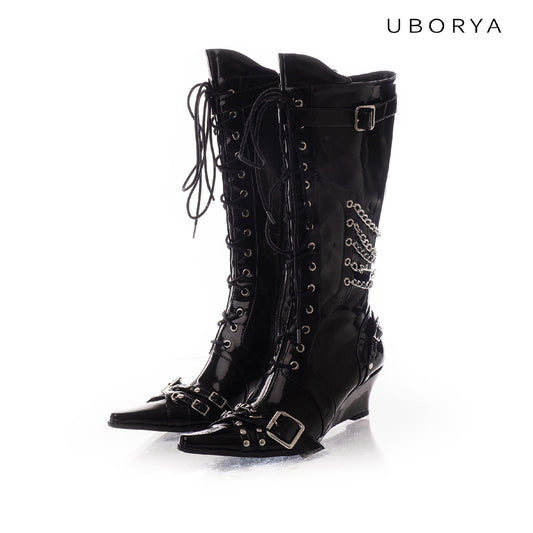 UBORYA Black Patent Leather Knee-High Wedge Boots - Lace-Up Chain Buckle Punk Gothic Tall Boots