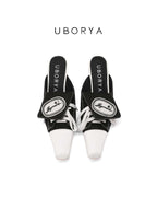 UBORYA Black White Canvas Leather Mule Heels Lace Up Square Toe Block Heel