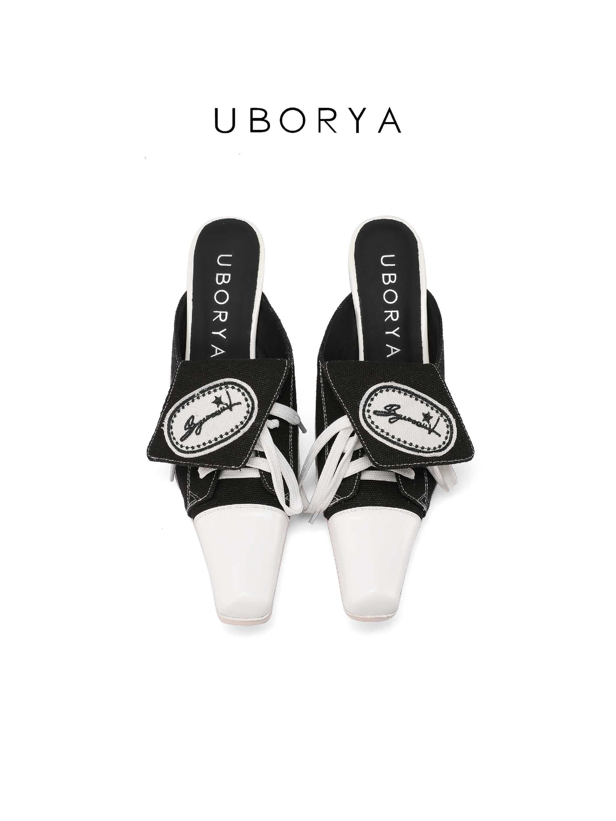 UBORYA Black White Canvas Leather Mule Heels Lace Up Square Toe Block Heel