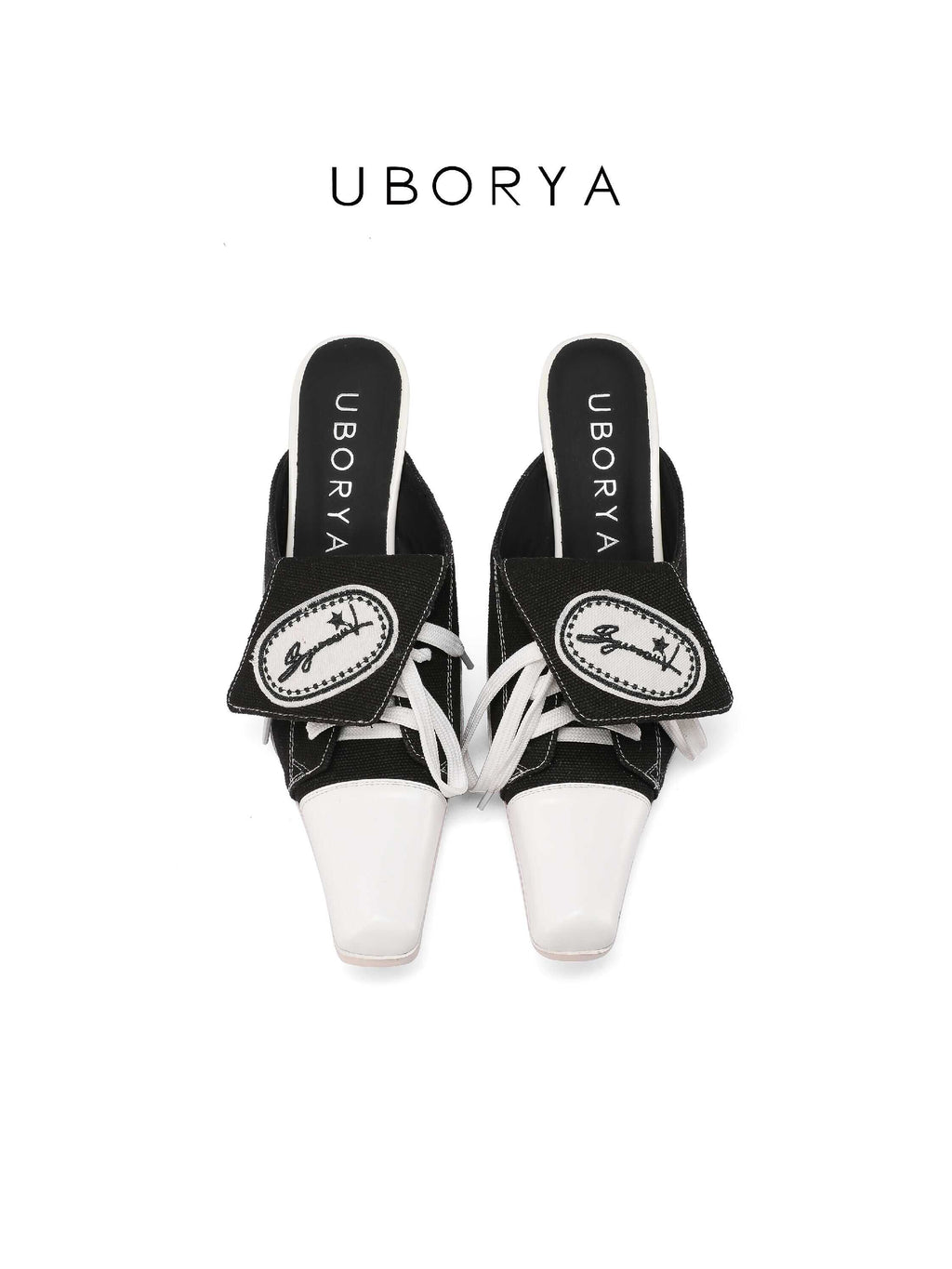 UBORYA Black White Canvas Leather Mule Heels Lace Up Square Toe Block Heel