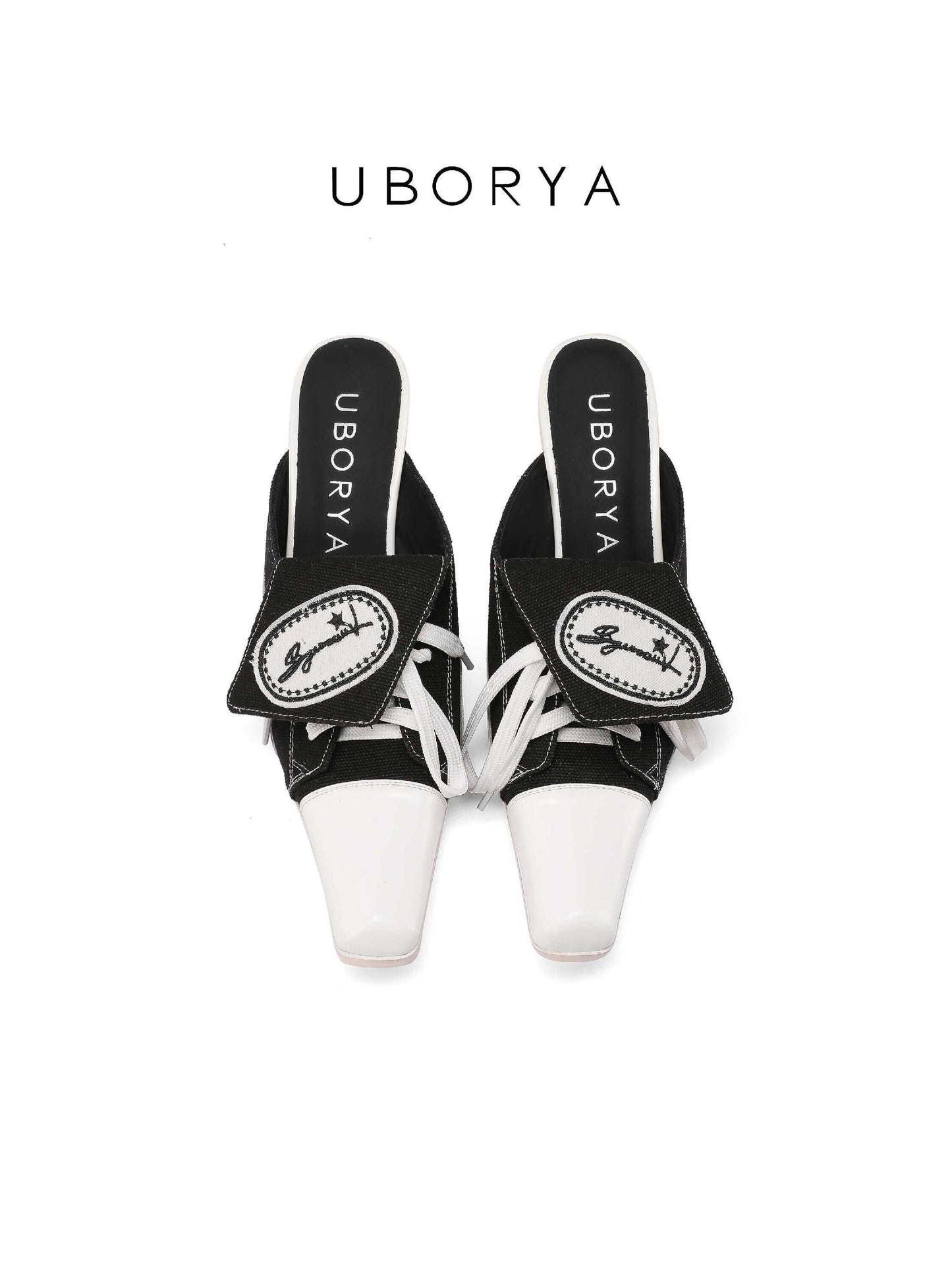 UBORYA Black White Canvas Leather Mule Heels - Lace-Up Square Toe Block Heel Sneaker Slides