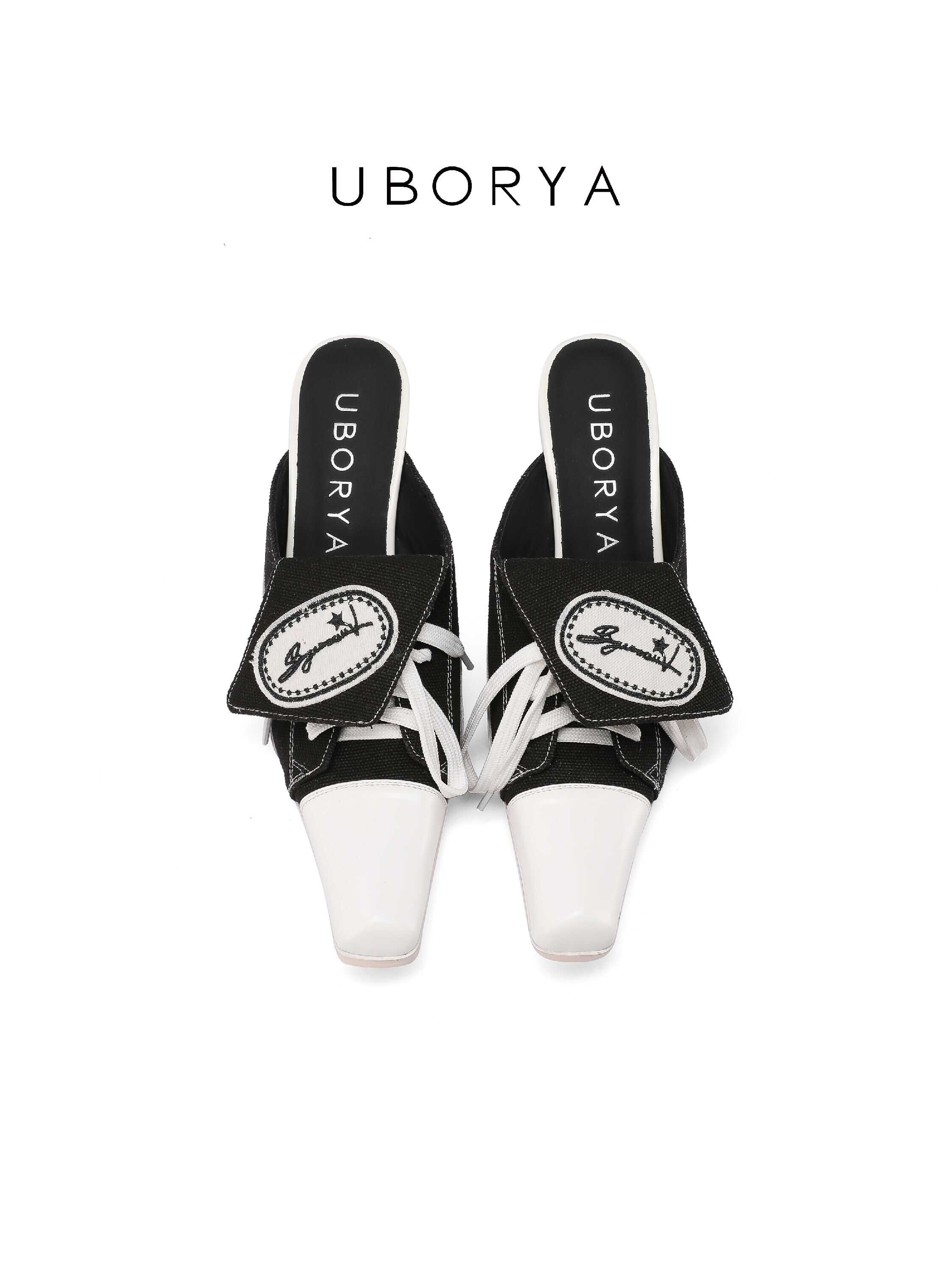 UBORYA Black White Canvas Leather Mule Heels Lace Up Square Toe Block Heel