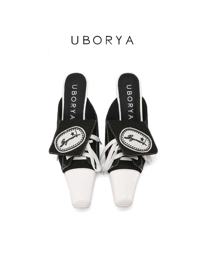 UBORYA Black White Canvas Leather Mule Heels - Lace-Up Square Toe Block Heel Sneaker Slides