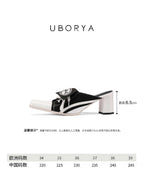 UBORYA Black White Canvas Leather Mule Heels Lace Up Square Toe Block Heel