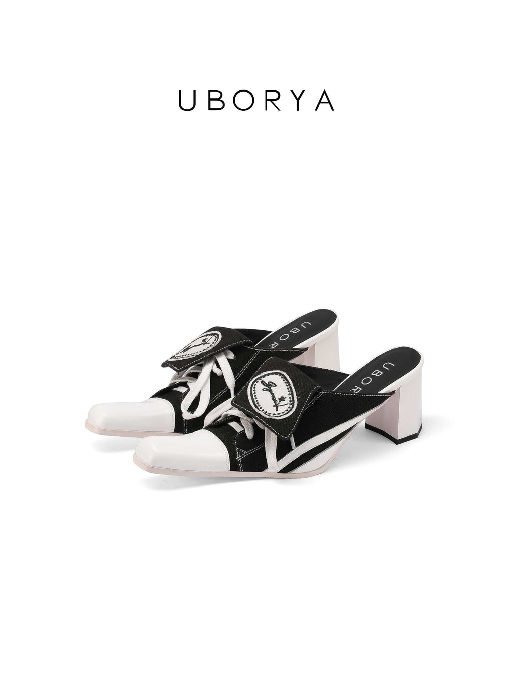 UBORYA Black White Canvas Leather Mule Heels Lace Up Square Toe Block Heel