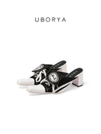 UBORYA Black White Canvas Leather Mule Heels Lace Up Square Toe Block Heel