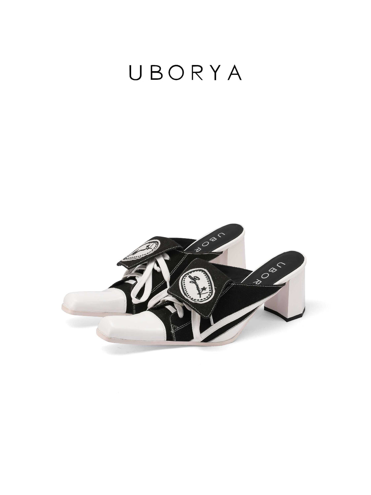 UBORYA Black White Canvas Leather Mule Heels Lace Up Square Toe Block Heel