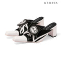 UBORYA Black White Canvas Leather Mule Heels Lace Up Square Toe Block Heel